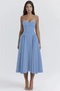 French vintage blue midi dress featuring corset bodice and pleated skirt detail