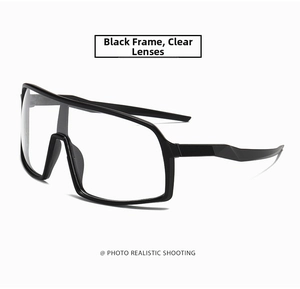 Detail view of large black frame glasses with clear lenses for cycling and sports