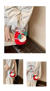 Close-up of handmade crochet Santa Claus drawstring bag with soft yarn details