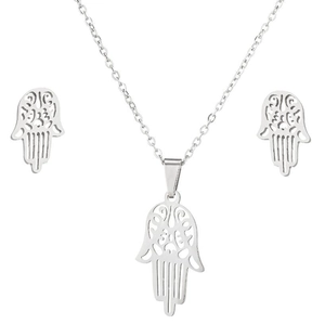 Detail of Hamsa Hand necklace and earrings set in polished stainless steel finish