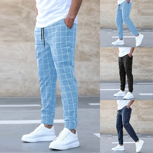Men's Fashion Plaid Jogger Pants Streetwear Casual Slim Fit Grid Pattern Trousers With Drawstring Pockets Polyester Trousers