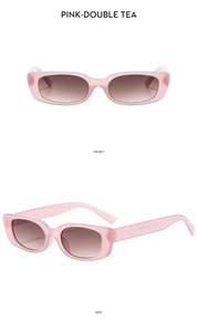Front and side views of square vintage sunglasses with pink frames and tea gradient lenses