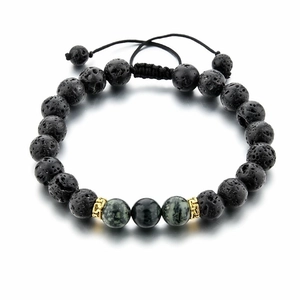 Bracelet ajustable en pierre de lave noire et perles de pierre verte avec cordon