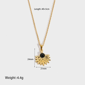 Detailed specs of gold fan-shaped necklace with black stone pendant and sizing info