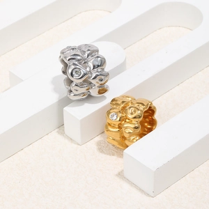 Minimalist double layer organic texture ring in 18K gold and silver finish with zircons