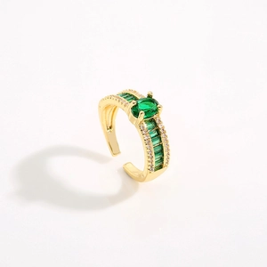 Anello aperto placcato oro 18K con zircone verde ovale e pietre rettangolari