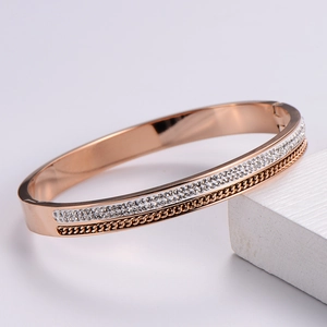 Elegant 18k rose gold plated titanium steel open bangle with double row micro-inlaid zircon