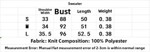 Size chart for French style knitted vest showing shoulder, bust, length and weight specs