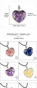 Detailed view of assorted natural crystal heart pendants with dimensions and cord