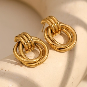 Retro 18K gold plated stainless steel multi-layer interlocking hoop earrings for women