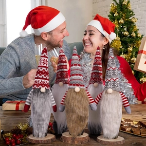 Set of 5 Christmas gnome figurines with knit hats and faux beards on wooden bases
