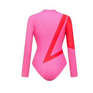 Close-up of pink and red long sleeve surf swimsuit with premium elastic quick-dry fabric