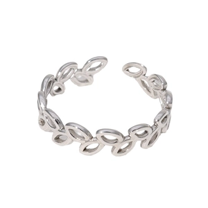 Minimalist silver stainless steel open ring with hollow leaf vine design for women