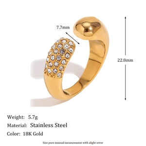 18K gold plated stainless steel floral open ring with crystal rhinestones and size details