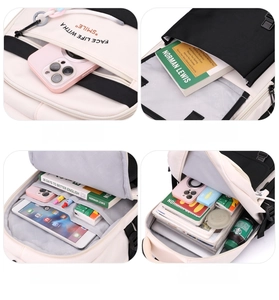 Détail d'un sac à dos grande capacité avec compartiments de rangement et poches internes