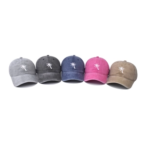 Washed cotton baseball cap with coconut tree embroidery in five assorted vintage colors