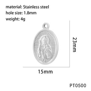 Macro view of religious stainless steel pendant with saint engraving and size dimensions