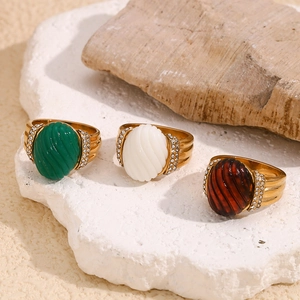 French vintage 18K gold plated stainless steel rings with oval acrylic stones and crystals