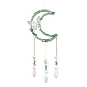 Handmade green crystal moon suncatcher with silver butterfly and hanging crystal pendants