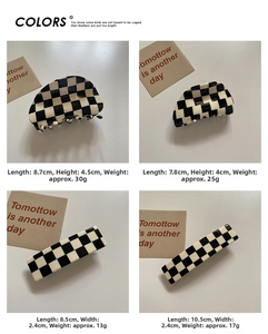 Detailed size and weight specs for checkerboard acetate hair claws and clips