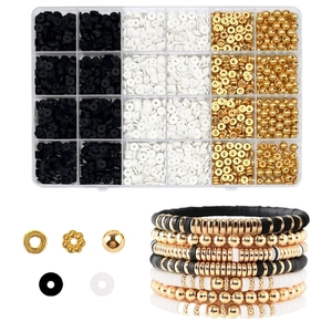 Detail of 24-grid DIY kit with clay heishi beads and gold charms for girls' bracelets