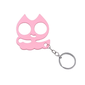 Pink cat-shaped self-defense keychain with dual finger holes and pointed ears