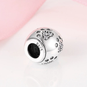 S925 Sterling Silver Dog Paw Bead with Clear CZ Diamonds for DIY Charms Bracelet
