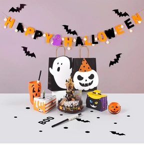 Halloween party set featuring ghost bags, pumpkin boxes, and trick or treat display tray