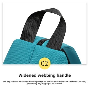 Detail of the reinforced wide woven handle on a teal crossbody bag for comfort