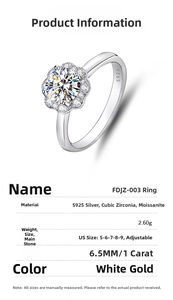 Macro detail of S925 silver flower ring with 1ct moissanite and adjustable band