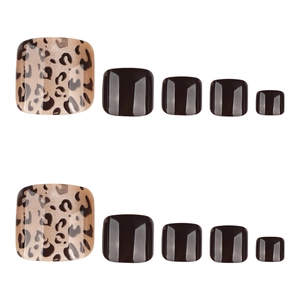 Short square leopard print and dark solid color press-on toenails on white background