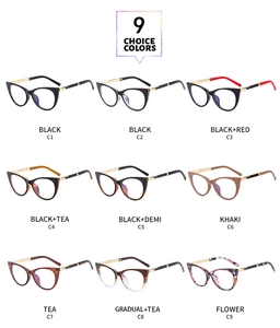 Collage of cat eye glasses frames in 9 trendy colors including black and tortoise