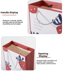 Detailed close-up of woven silver handles and reinforced edges on strawberry gift bags
