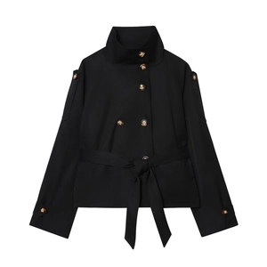 Classic black double-breasted short trench coat with high collar and waist belt