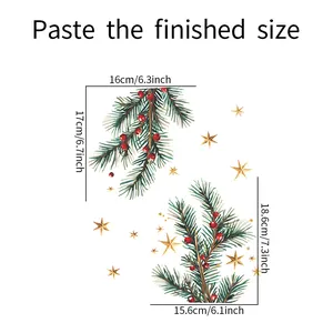 Detailed size guide for Christmas pine branch and gold star wall stickers in cm and inch