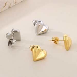 Heart Stud Earrings 18K Gold Plated 316L Stainless Steel Geometric Faceted Retro Minimalist Jewelry For Women