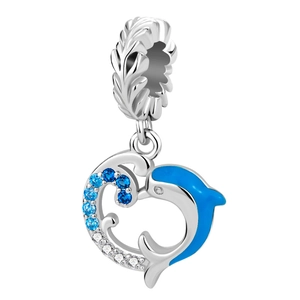 Detail of silver dolphin charm featuring blue zircon waves for DIY charm bracelets