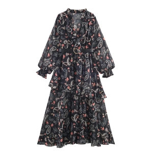 Women Paisley Floral Tiered Maxi Dress V Neck Long Sleeve Belted Chiffon Vintage Ruffle Long Gown