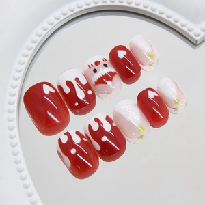 Cute Christmas melting snowman short square press-on nails with red and white festive patterns
