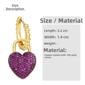Detail of 18K gold-plated heart lock earrings with purple cubic zirconia pavé