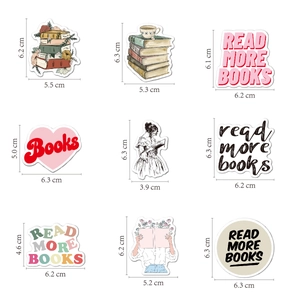 Waterproof reading stickers set showing detailed dimensions and diverse book designs