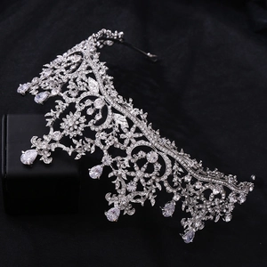 Detailed view of silver bridal crown with AAA cubic zirconia floral vine motifs