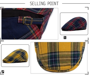 Detailed view of plaid ivy caps with adjustable metal buckles and classic checkered patterns