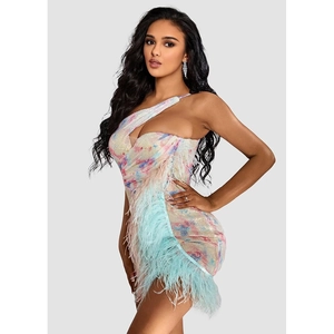 One-shoulder sequin mini dress with colorful patchwork and blue ostrich feather trim