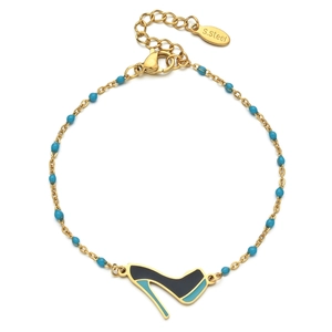 Detail of gold stainless steel chain with blue beads and enamel high heel shoe charm