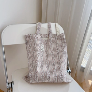 Floral cotton canvas tote bag with light purple flowers and vintage red striped patterns