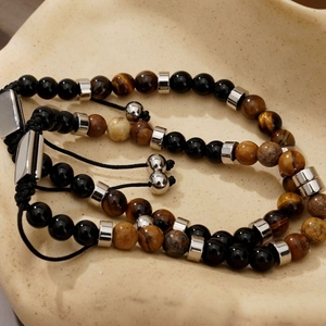 Adjustable tiger eye and obsidian beaded bracelet set with silver accents for men