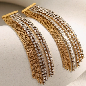 Long Fringe Chain Tassel Stud Earrings 18K Gold Plated Stainless Steel Cubic Zirconia Geometric Statement Jewelry Women