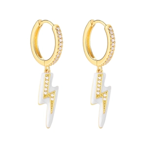 Close-up of gold and white lightning bolt earrings with enamel finish and zircon stones