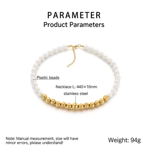 Detailed view showing product parameters of the pearl and gold bead necklace